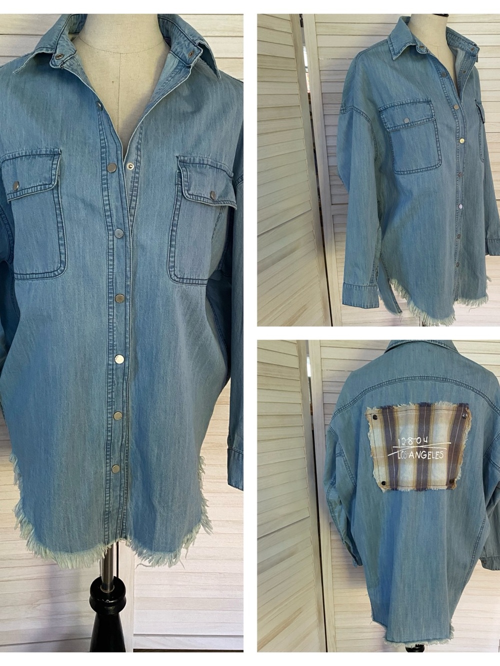 POL Blue Denim Button-Down Shirt/Shacket with Back Plaid Patch SZ S - Picture 1 of 14